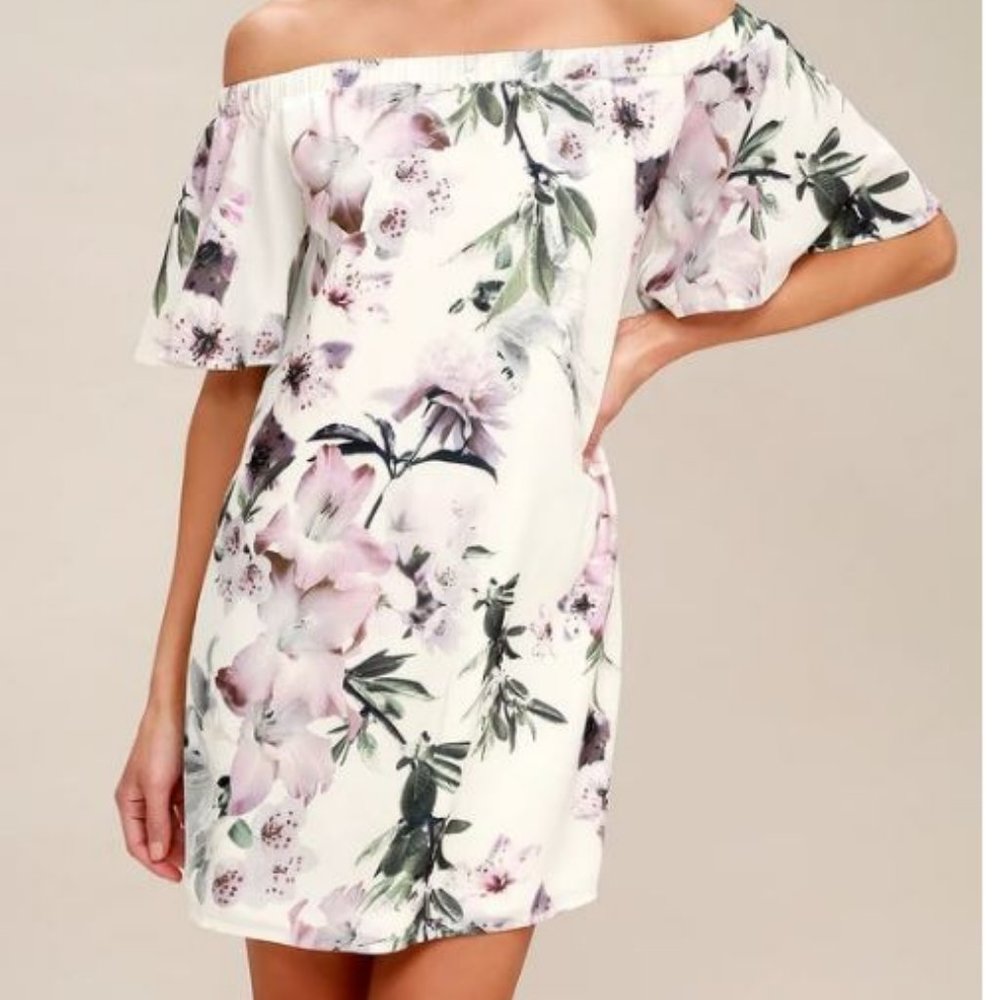 Lulu's Dream of You Ivory Floral Print Off-the-Shoulder Shift Dress
